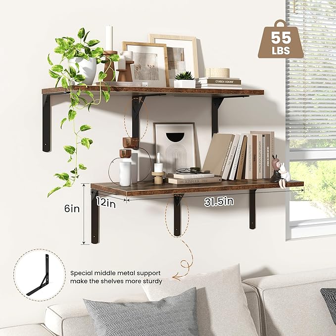 Fun Memories Rustic Brown 12 Inch Deep Floating Shelves Set of 2, Wall Mounted