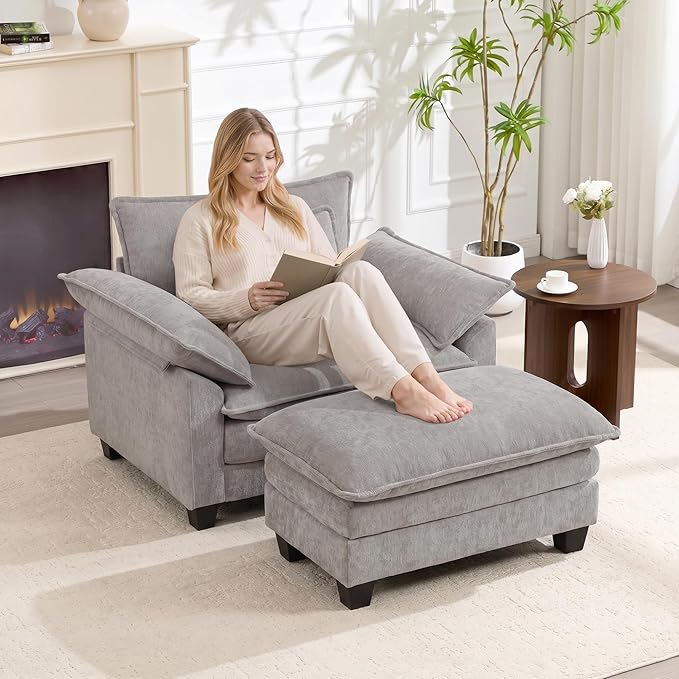 Oversized Accent Chair with Ottoman Set of 2, Upholstered Armchair with Extra