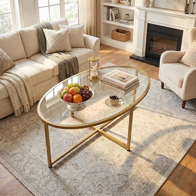 Wolawu Coffee Table Gold Oval Glass Coffee Tables