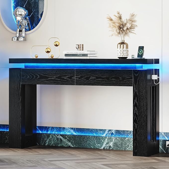 LIKIMIO Console Table with Drawers, Modern Entryway Table with LED Lights and