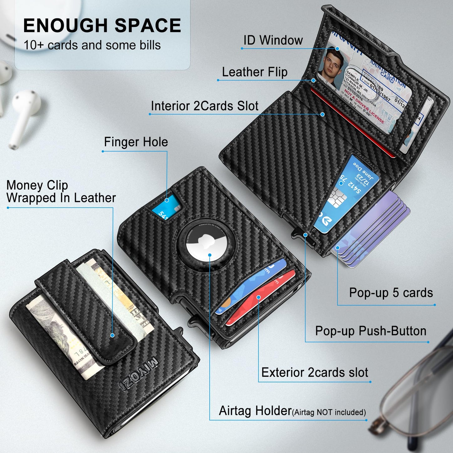 MIYOZI Airtag Wallet for Men,with Money Clip 10 Cards Metal Case Smart Slim Pop Up Credit Card Holder Flip with Magnetic Closure RFID Blocking Wallet with Gift Box
