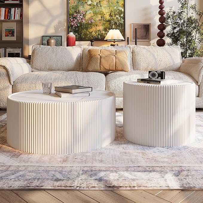 SSLine Round Drum Coffee Table Modern Sintered Stone Top Coffee Table in White