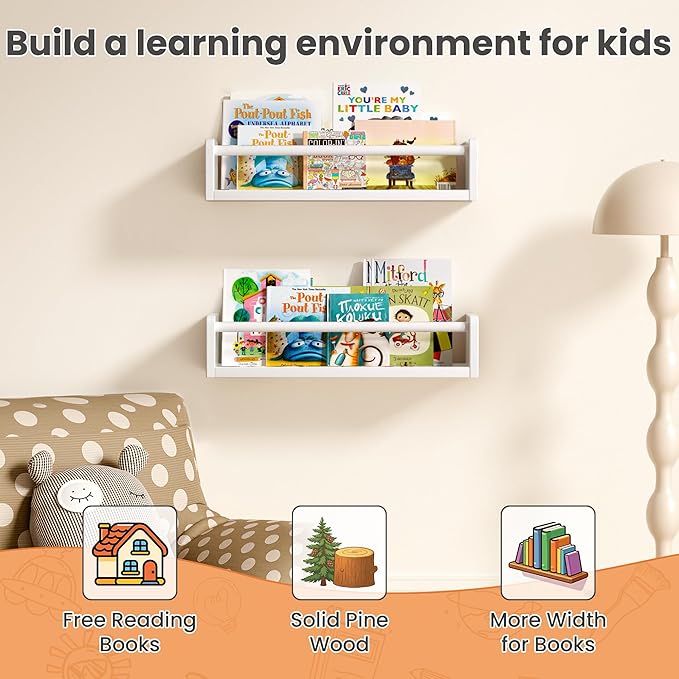upsimples 2 Pack Nursery Book Shelves, 15.7 Inch Floating Bookshelves