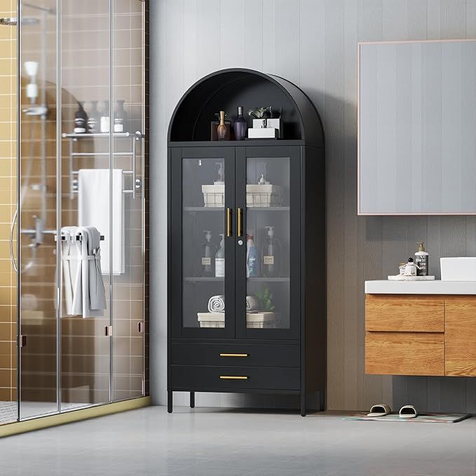 73" Tall Display Cabinet with Glass Doors and 2 Drawers, Metal Arched Cabinet