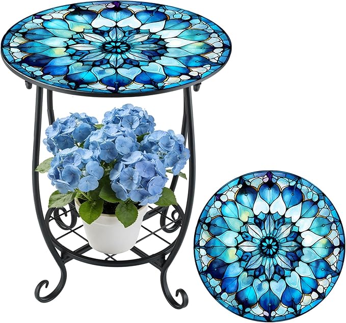 Cinnvoice Outdoor Side Table Round Small Mosaic Patio Accent Indoor End Plant