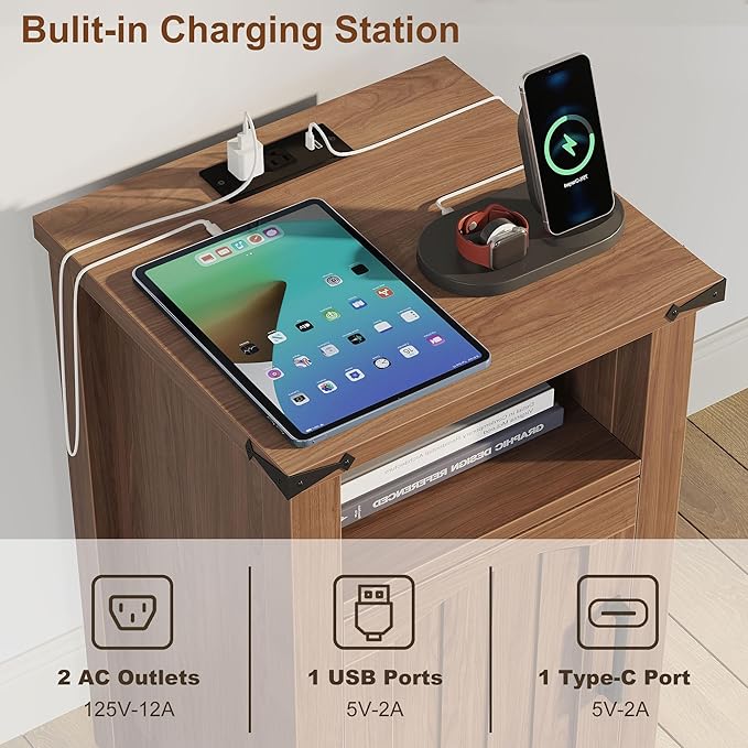 Farmhouse Nightstand with Charging Station, Rustic Bedside Table with Large