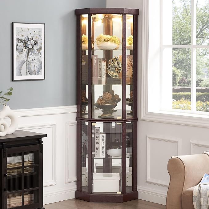 Corner Curio Cabinet, Light Bulb Inclued, Wine Bar China Cabinet