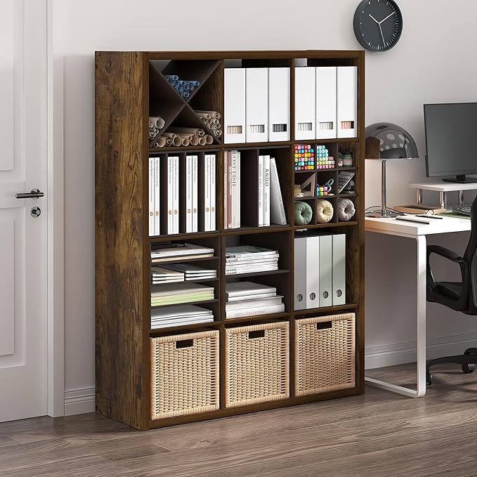 Furinno Cubicle Book Shelf, 12-Cube Bookshelf, Extra Thick Frame Reversible