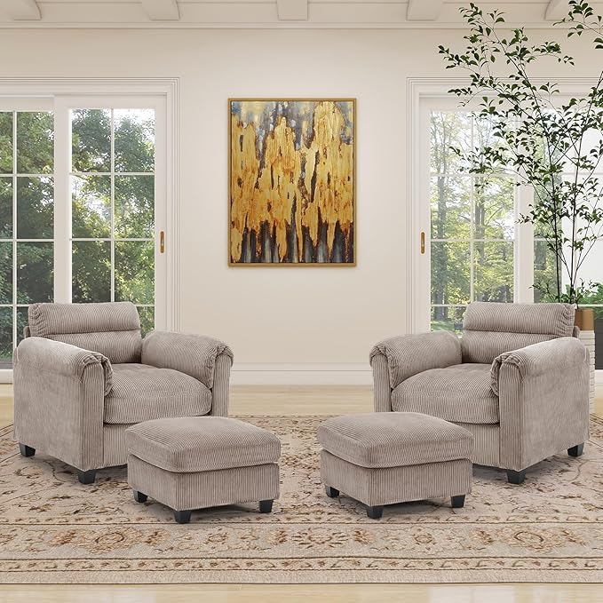 HAOMARKETS Corduroy 4-Piece Sofa Set, Upholstered Ottoman Set of 2 and Accent