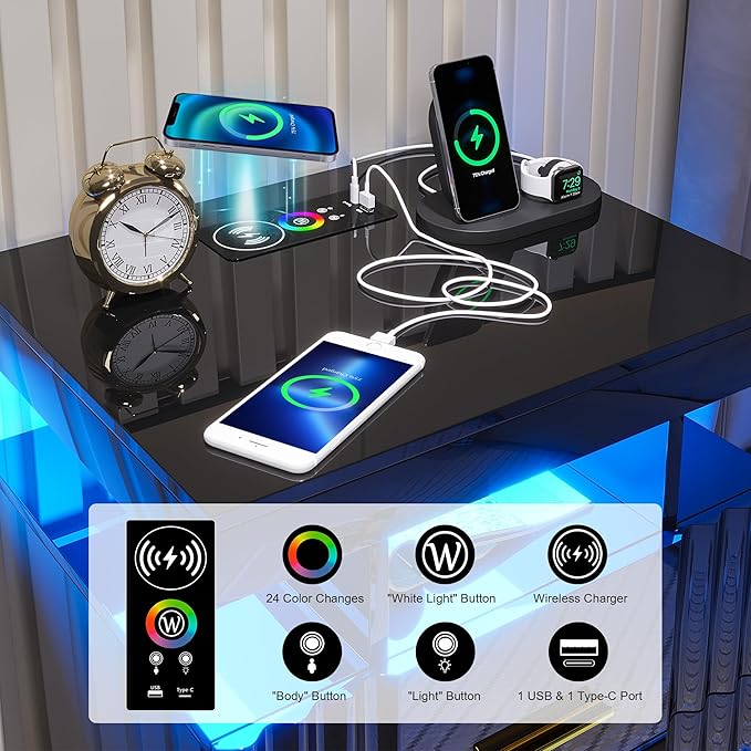 Nightstand with Wireless Charging Station, Smart Night Stand with 2 Drawers