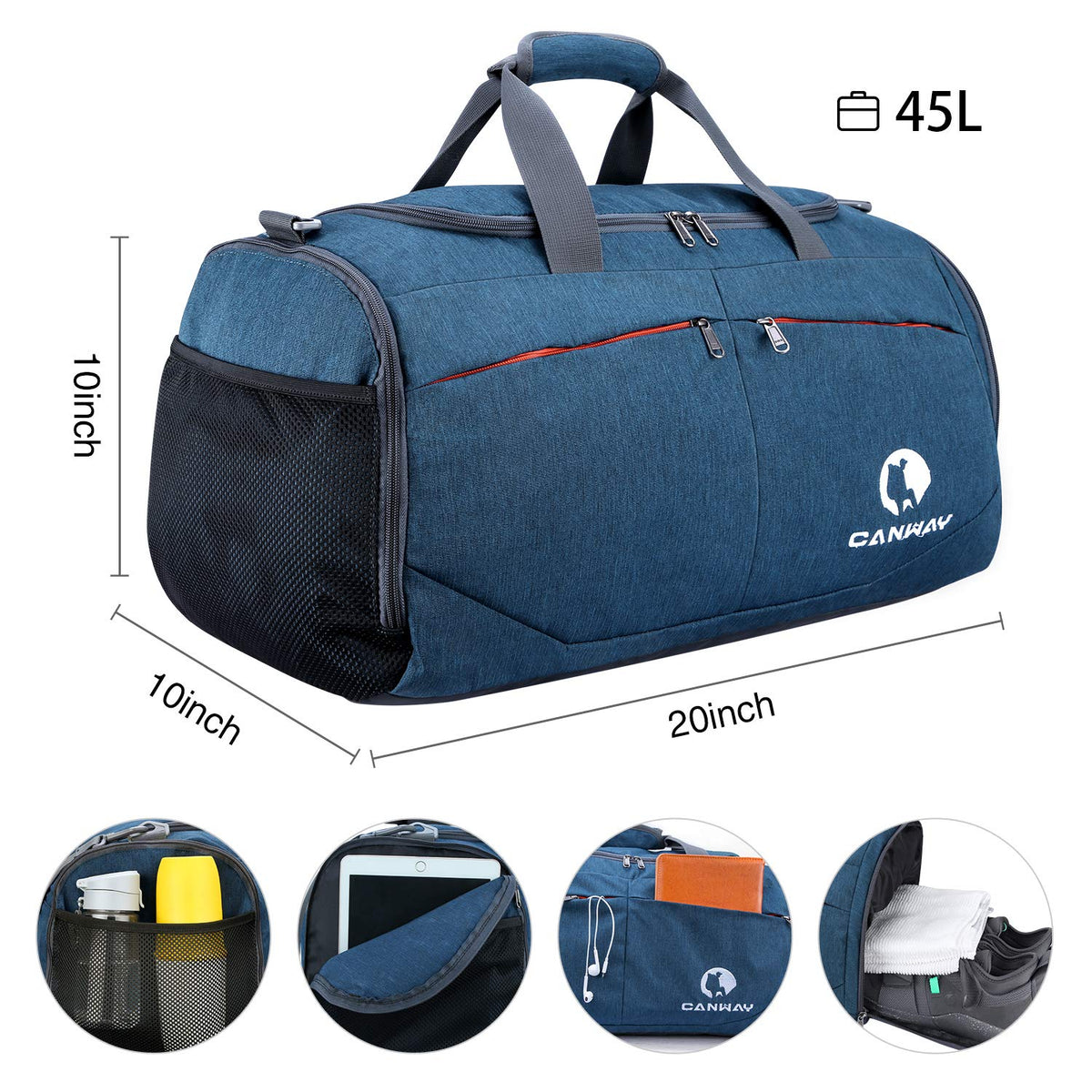 Canway Sports Gym Bag, Travel Duffel bag with Wet Pocket & Shoes Compartment for men women, 45L, Lightweight