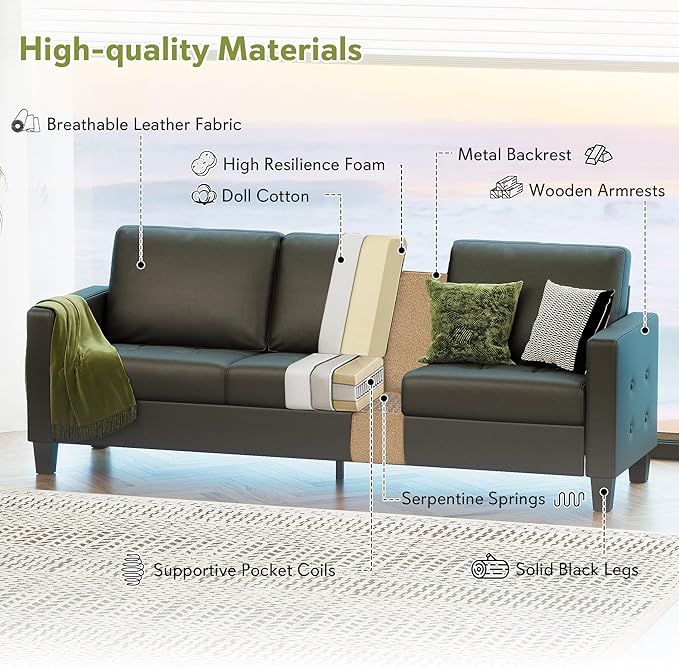 STHOUYN Black Faux Leather 3 Seater Sofa, Loveseat and Accent Chair, Modern