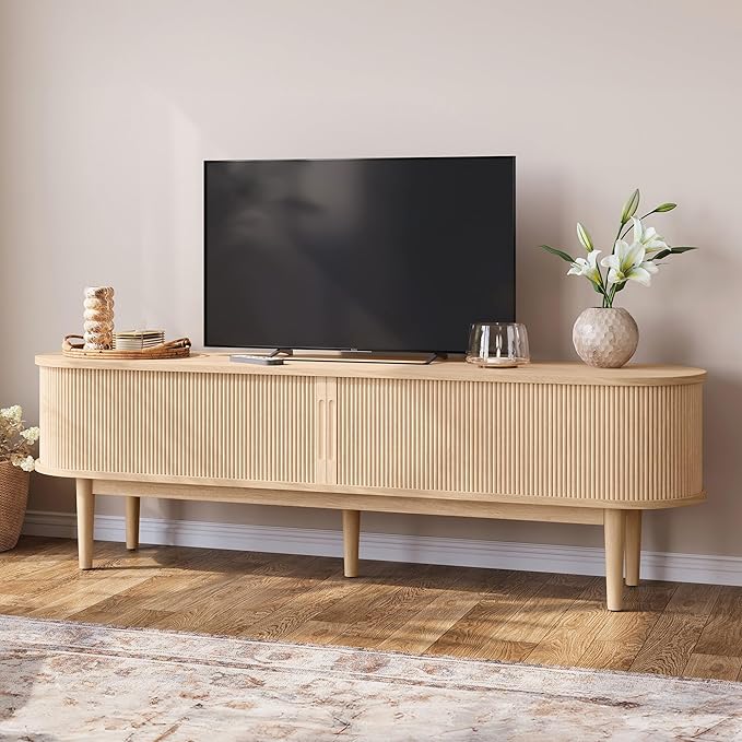 LINSY HOME 70" Fluted TV Stand for TVs up to 80 Inch, Mid Century Modern