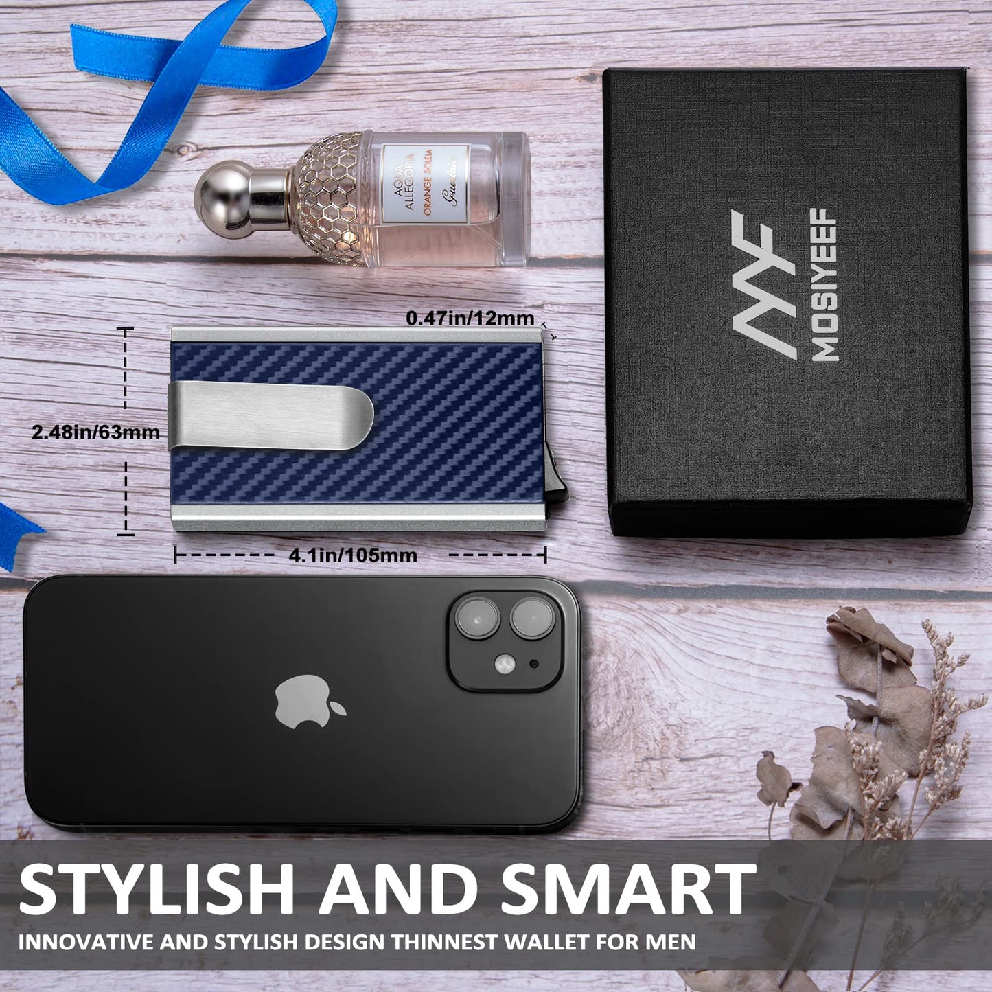 MOSIYEEF Minimalist Wallet for Men - RFID Blocking Card Wallet with Money Clip, Navy Blue, Leather