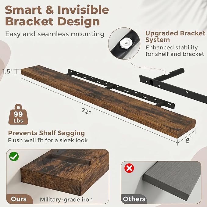 FLYJOE Floating Shelves for Wall, 72 Inch Floating Shelves Set of 2, Kitchen