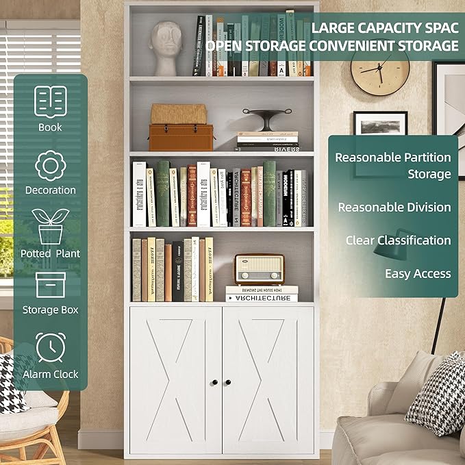 Modern Bookshelf with Doors, Industrial Bookshelves with 6-Tier Shelf, 71
