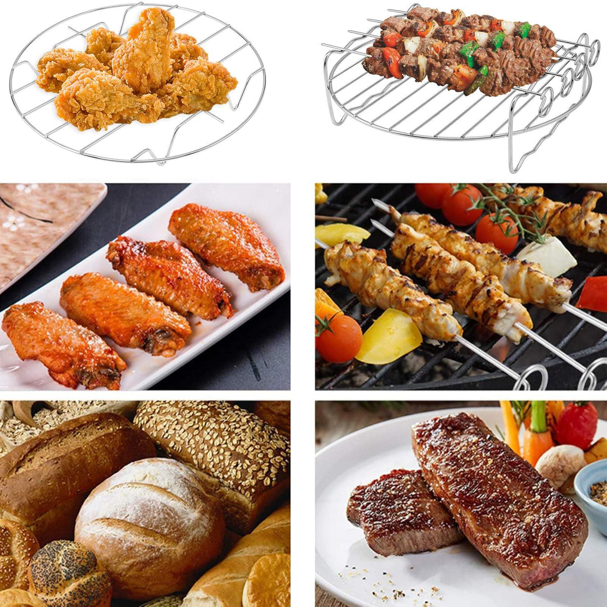Air Fryer Racks Set 3Pcs, Stainless Steel Layer Racks Air Fryer Accessories, Multipurpose Double Layer Racks with Skewer Round Cooking Rack Toast Racks, Fits Most 2.5QT or Above Air Fryer