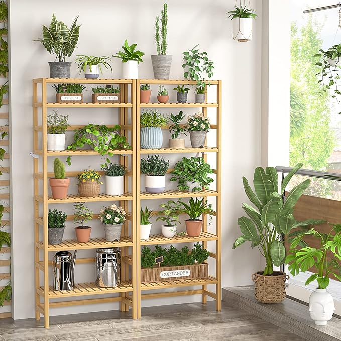 Homykic 6-Tier Bamboo Bookshelves and Bookcases, Adjustable 63.4”Tall Shallow