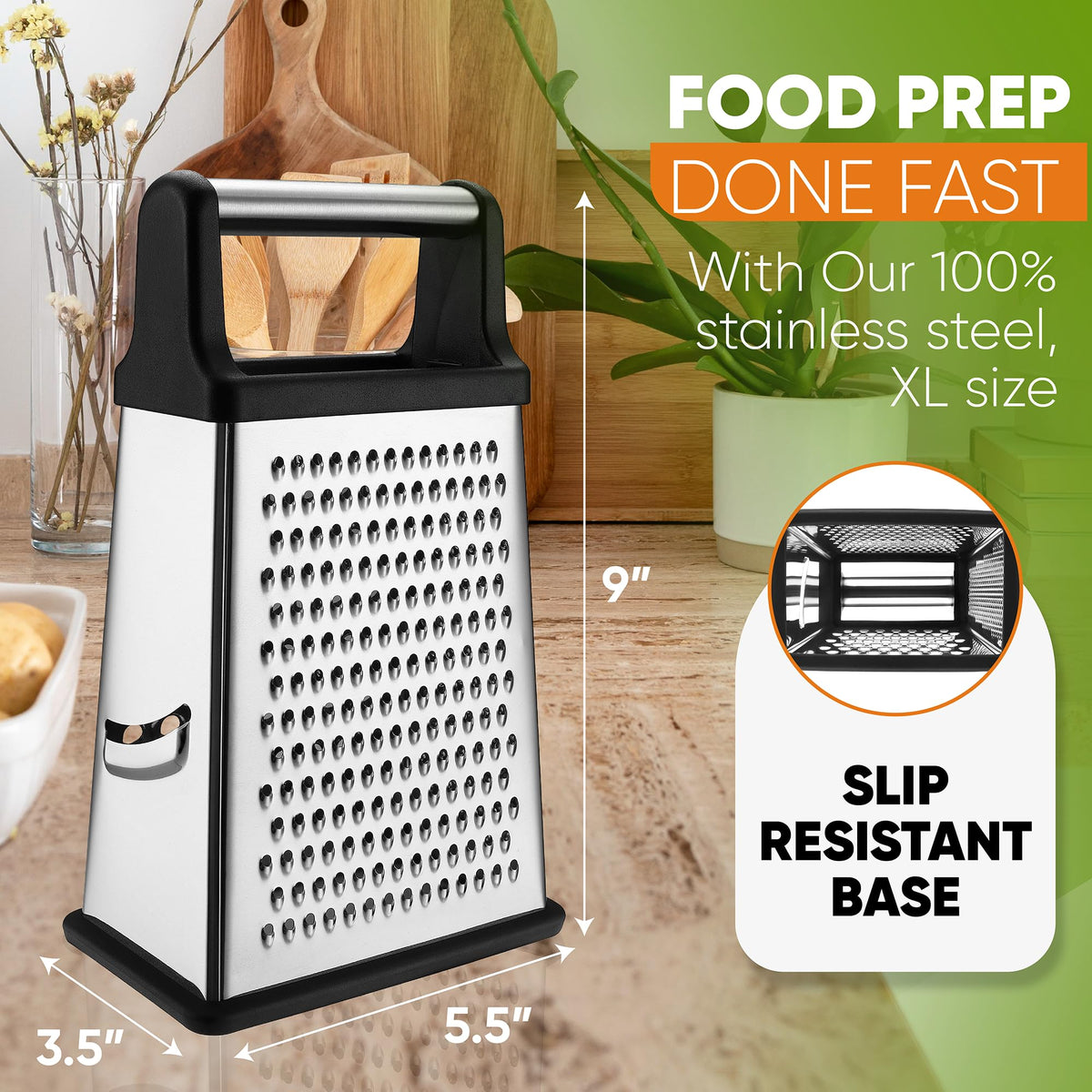 Spring Chef Professional Cheese Grater - Stainless Steel, XL Size, 4 Sides - Perfect Box Grater for Parmesan Cheese, Vegetables, Ginger - Dishwasher Safe - Black