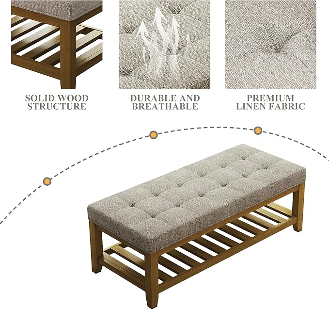 Befurtori Large Rectangular Upholstered Ottoman Bench, Linen Tufted Footrest