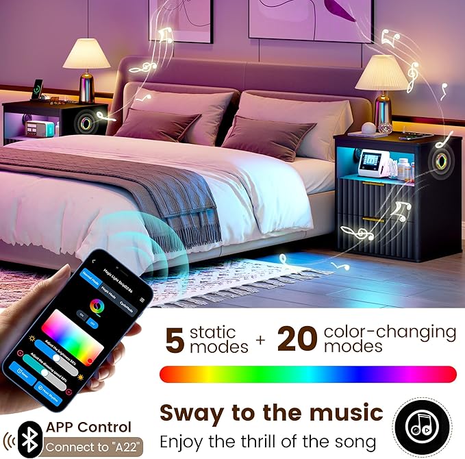 WOOVIVS Modern NightStand with Smart Human Sensor Lights, Bedside Table