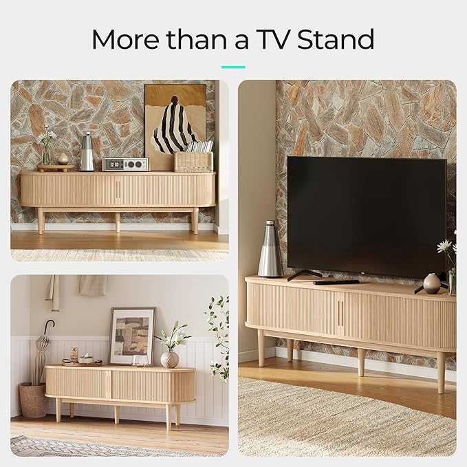 LINSY HOME 70" Fluted TV Stand for TVs up to 80 Inch, Mid Century Modern