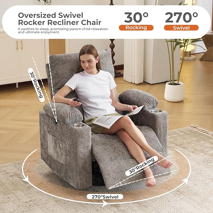 Rocking Chair Nursery with Adjustable Armrests, Electric Glider Recliner
