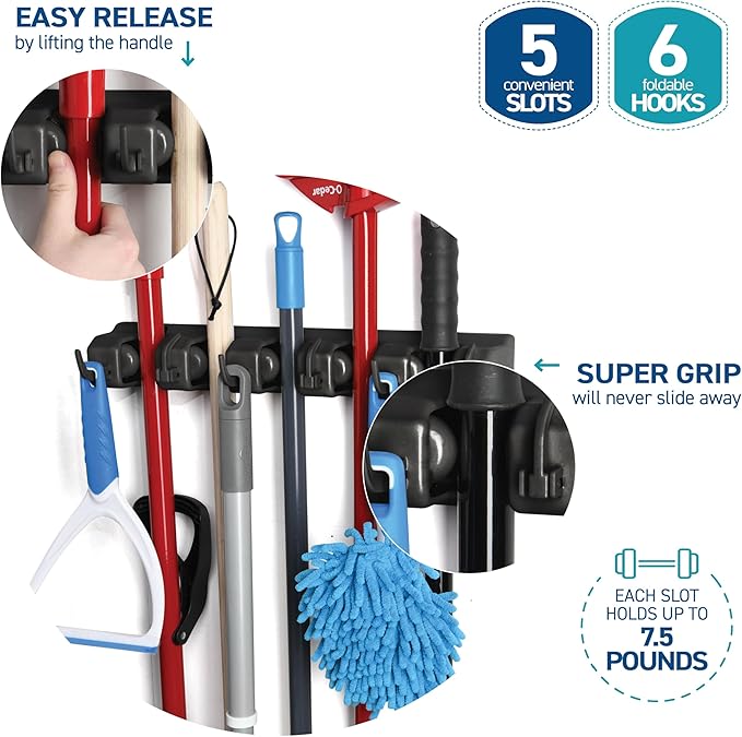 2 Pack Mop and Broom Holder Wall Mount