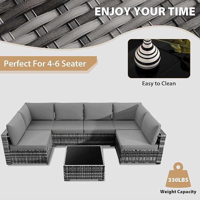 KIGOTY Patio Furniture Set, 7 Pieces Modular Outdoor Sectional Sofa, PE Rattan