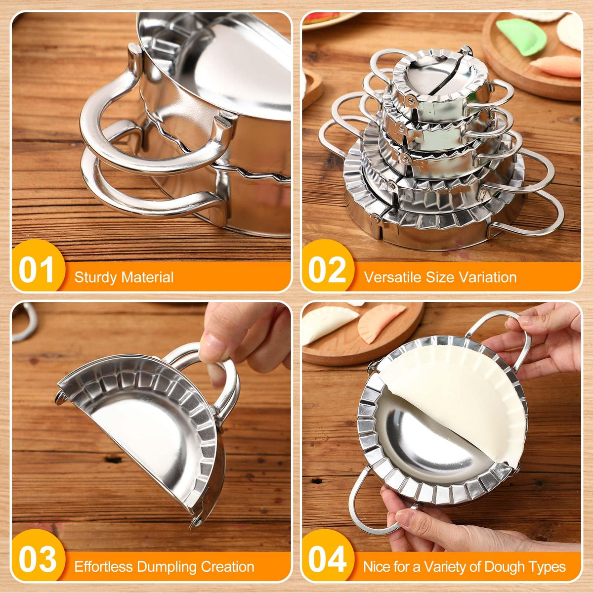 Vesici 5 Pack Stainless Steel Dumpling Maker Dumpling Press Perogies Maker Press Dumpling Wrapper Stamp Ravioli Mold Pastry Dough Cutter Various Sizes Kitchen Accessories, 2.95/3.35/3.74/4.92/5.91 In