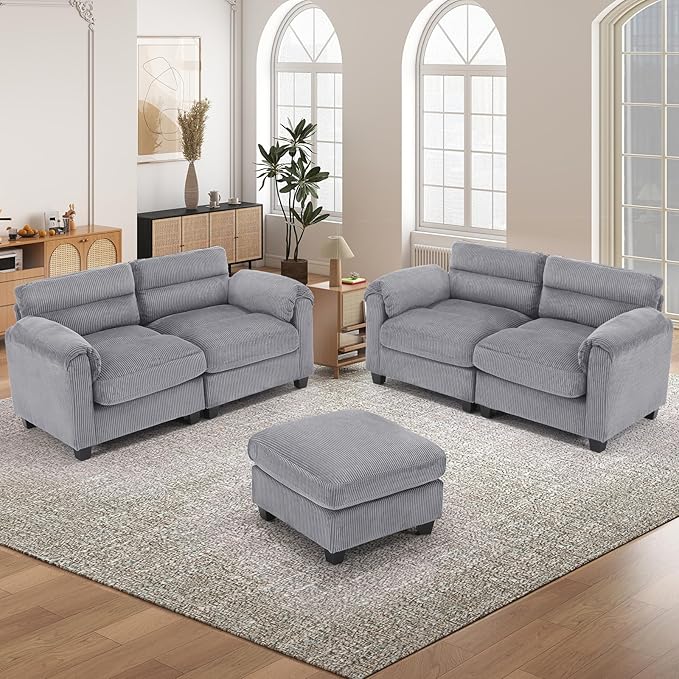 HAOMARKETS Corduroy Sofa Set, Upholstered Ottoman, Loveseat Set of 2with Plush