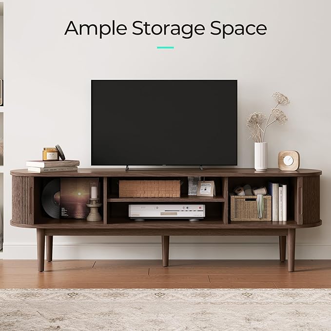 LINSY HOME 70" Fluted TV Stand for TVs up to 80 Inch, Mid Century Modern