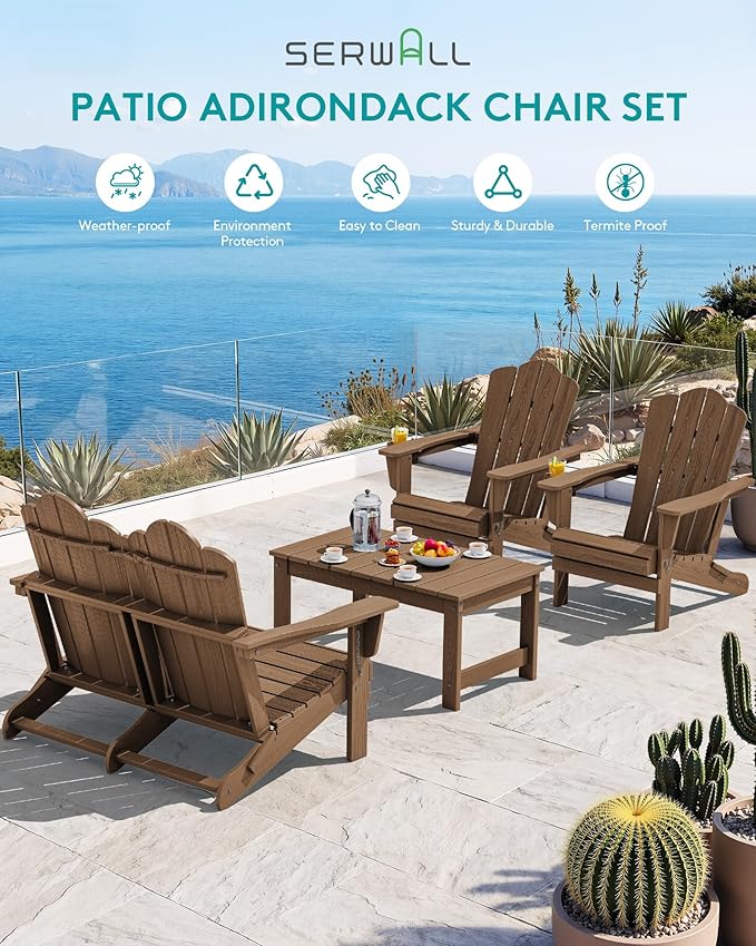 SERWALL 4 Pieces HDPE Patio Adirondack Chair Set, 2 Adirondack Chair