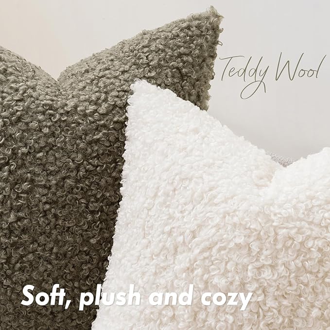 Faux Fur Throw Pillow Covers 18x18 Inch Set of 2 Boucle Neutral Decorative