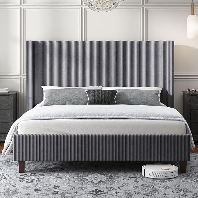 HOWE King Size Bed Frame with 50.8" Tall Wingback Headboard, Modern Corduroy