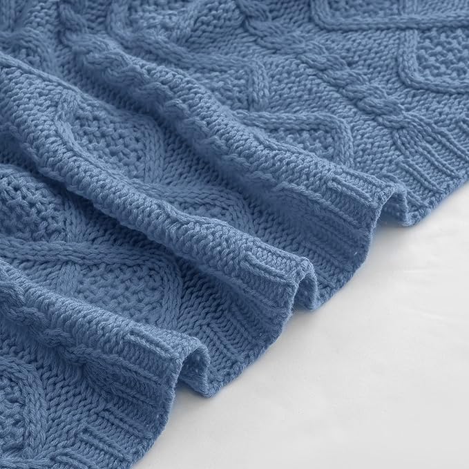 Homiest Dusty Blue Cable Knit Throw, 60 x 80 Inch, Lightweight Acrylic Knitted