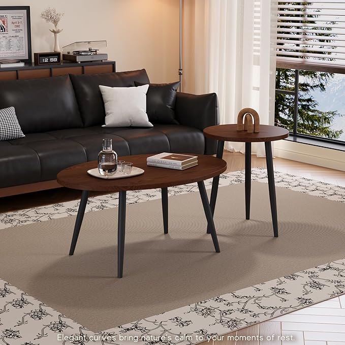 2 Pcs Small Oval Coffee Table, 31.5" Retro Walnut Coffee Tables Nesting Tables