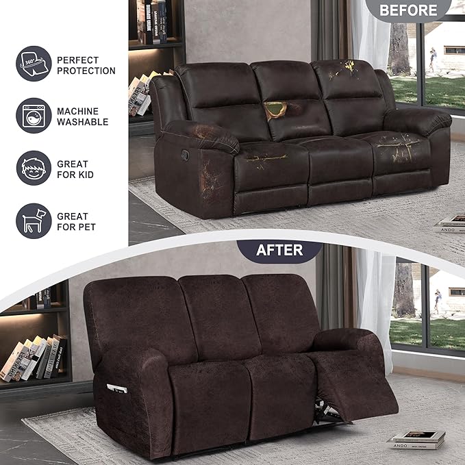 ANARACHON Leather Look Recliner Couch Cover, 8-Pieces Stretch Recliner Sofa