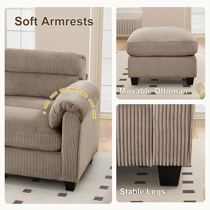 HAOMARKETS Corduroy Sofa Set, Upholstered Ottoman, and 3-Seater Couch