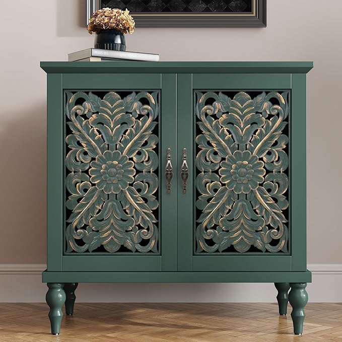 ARTPOWER Accent Cabinet with 2 Doors, Vintage Carved Wood Storage Cabinet