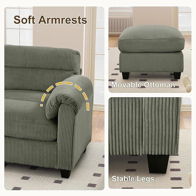 HAOMARKETS Corduroy Sofa Set, Upholstered Ottoman, Modern Loveseat and 3-Seater