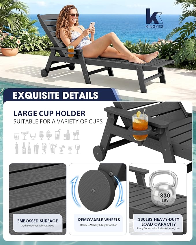 KINGYES HDPE Lounge Chair Outdoor Set of 4, Patio Chaise Lounge Recliner