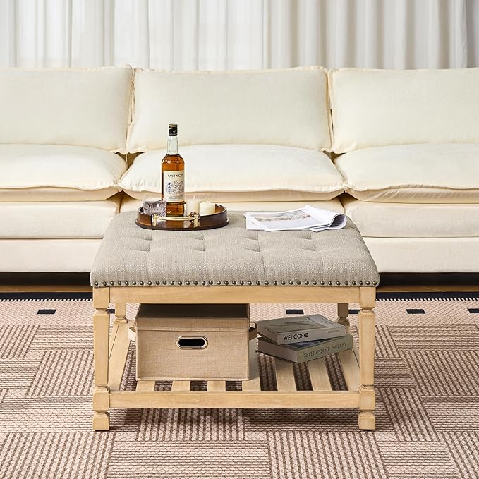 Befurtori Large Square Ottoman Coffee Table, Linen Solid Upholstered Footrest