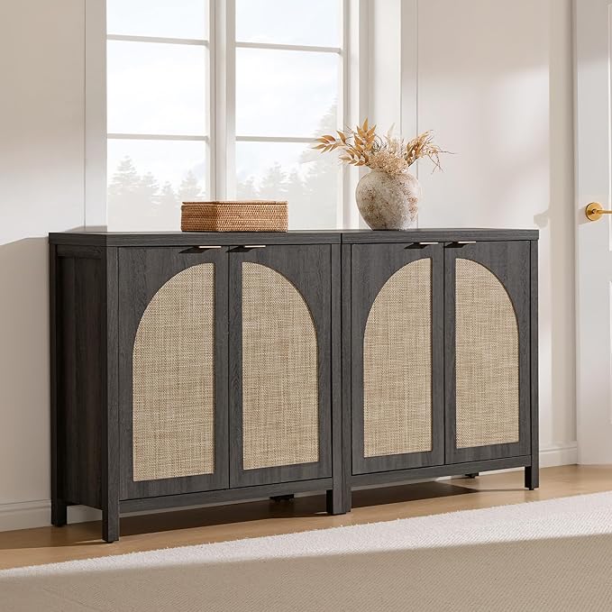 SICOTAS 102"W Rattan Sideboard Buffet Cabinet Set of 3, Modern Credenza Storage