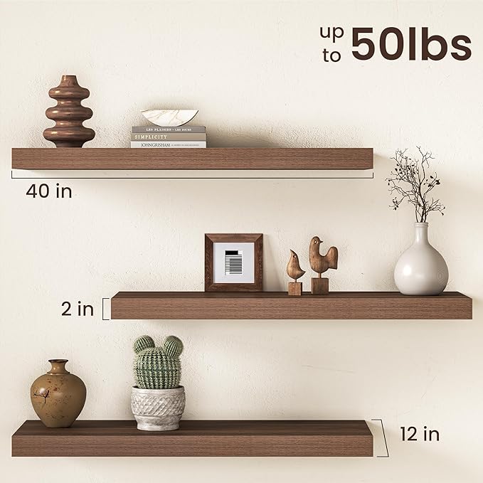40Inch Walnut Floating Shelves for Wall, 12 Inch Deep Shelves for Bedroom