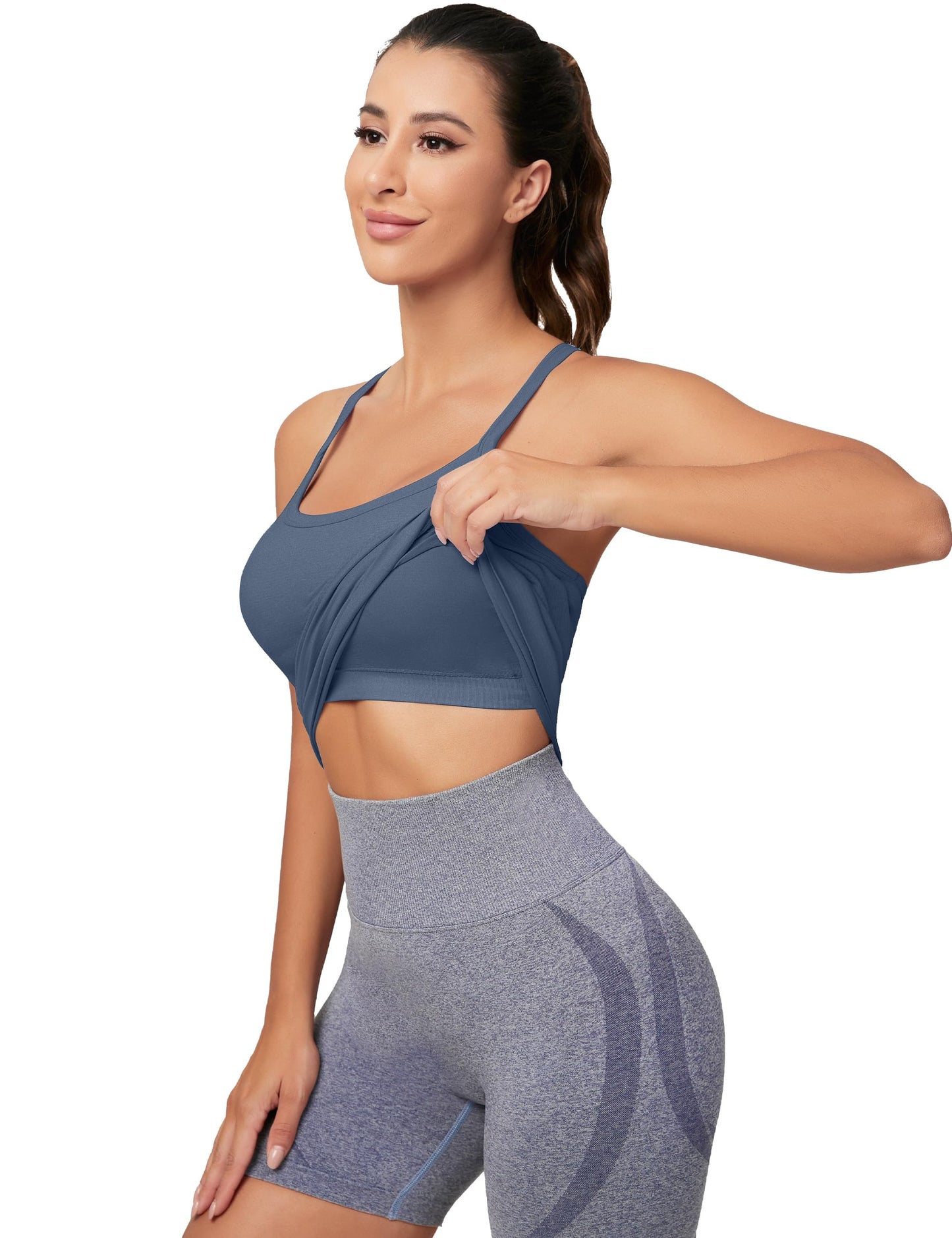 MathCat Seamless Workout Tank Tops for Women with Built in Bra, Spaghetti Strap Padded Gym Tops, Racerback Sports Athletic Slim Yoga Shirts Camisole Grey Blue