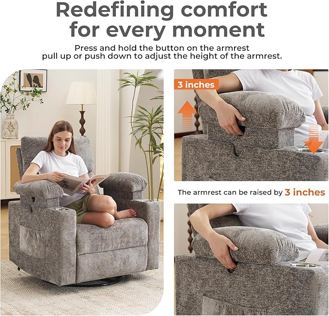 Rocking Chair Nursery with Adjustable Armrests, Electric Glider Recliner