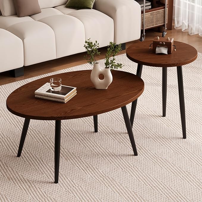 2 Pcs Small Oval Coffee Table, 31.5" Retro Walnut Coffee Tables Nesting Tables