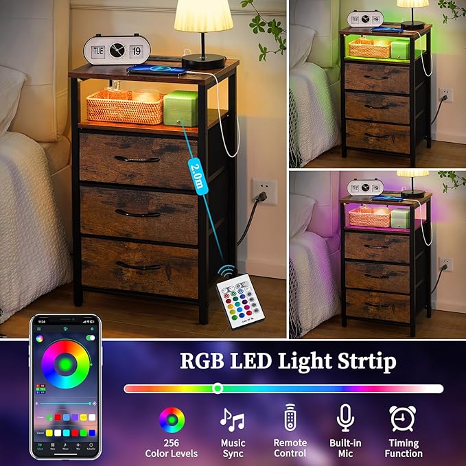 Yoobure Night Stand with Charging Station, 16 Colors LED Nightstand with USB
