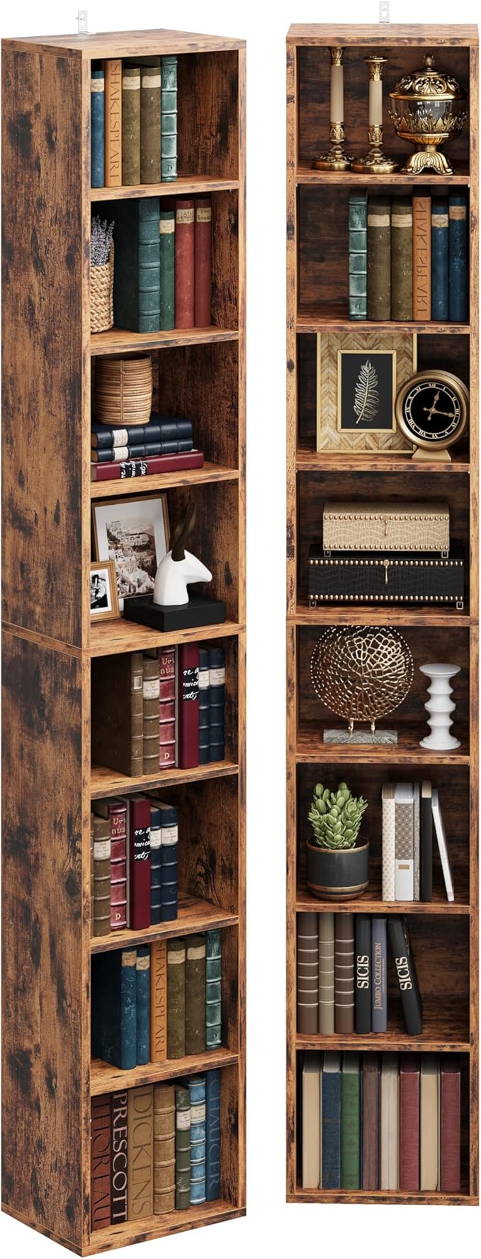 IRONCK Tall Narrow Bookshelf 8 Tiers 71in Set of 2, Compact Corner Bookcase